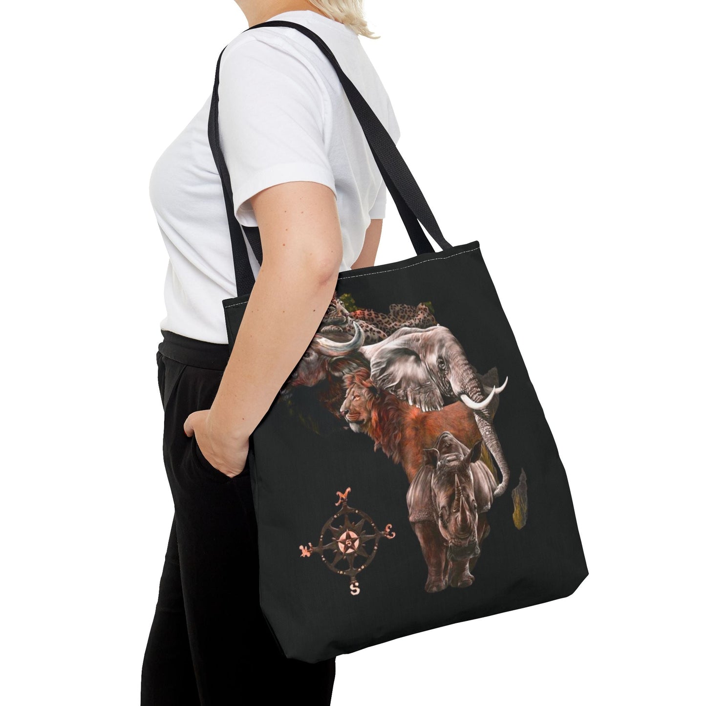 Black tote bag with elephant lion rhino and buffalo forming map of africa print and compass rose shoulder straps