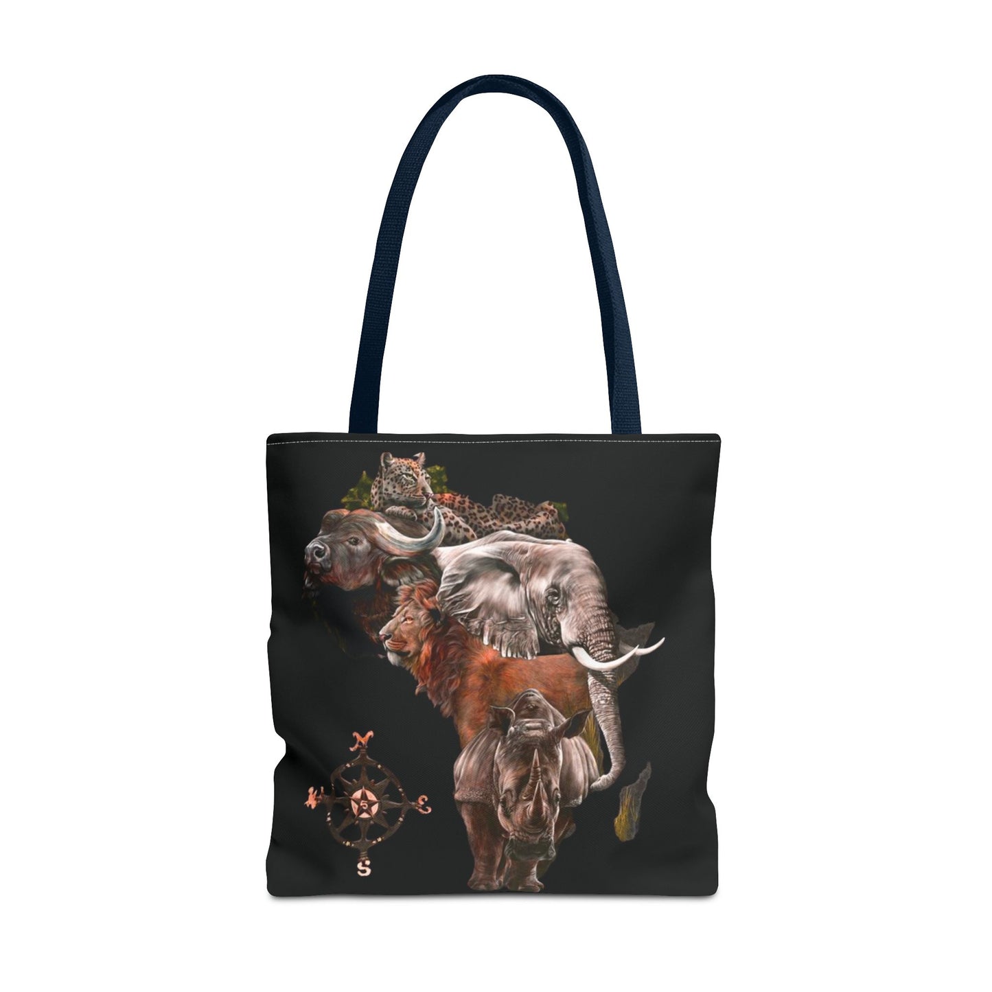 Mashafrica black tote bag with africa wildlife collage featuring elephant rhino buffalo leopard and compass motif