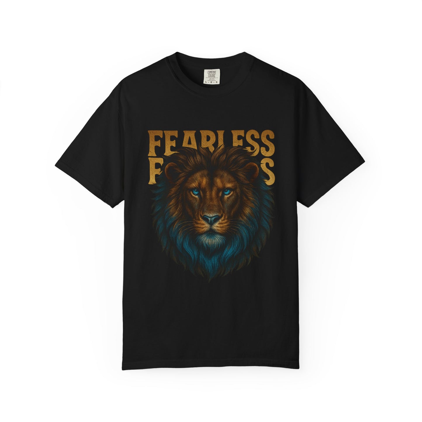 Mashafrica fearless black T shirt with detailed lion face blue mane and gold lettering