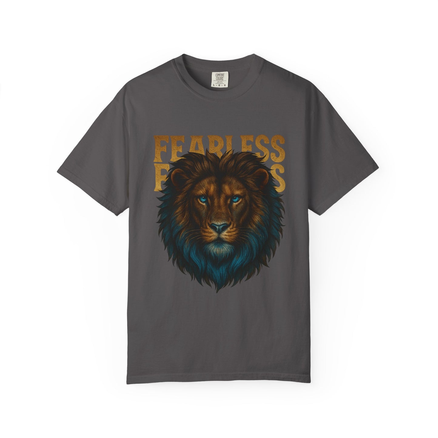 Mashafrica gray T shirt with detailed lion head illustration and bold fearless text graphic for confident casual wear