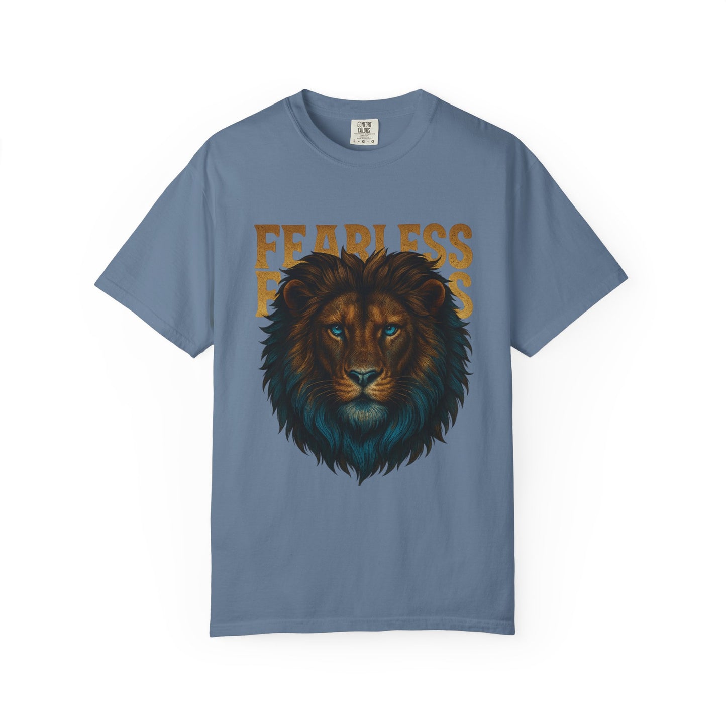 Mashafrica blue T Shirt with realistic lion head graphic and gold fearless text on front