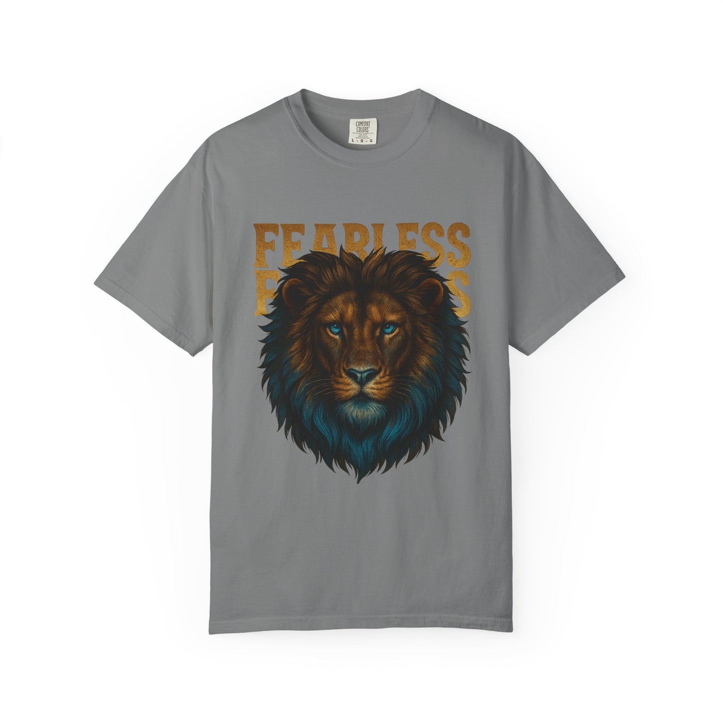 Mashafrica grey T shirt with detailed lion head graphic and bold fearless text printed on chest