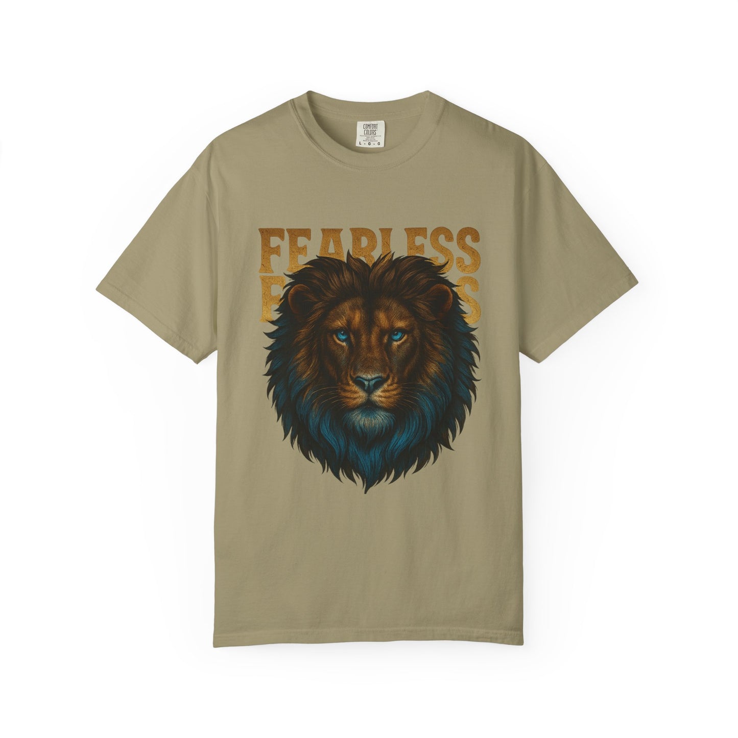 Mashafrica khaki T shirt with detailed lion face graphic and bold fearless text perfect for statement casual wear