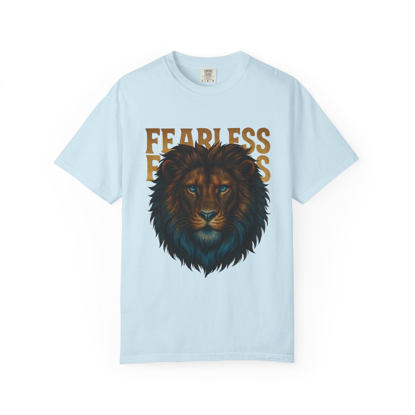 Mashafrica light blue T shirt with detailed lion face and bold fearless text graphic at center unisex