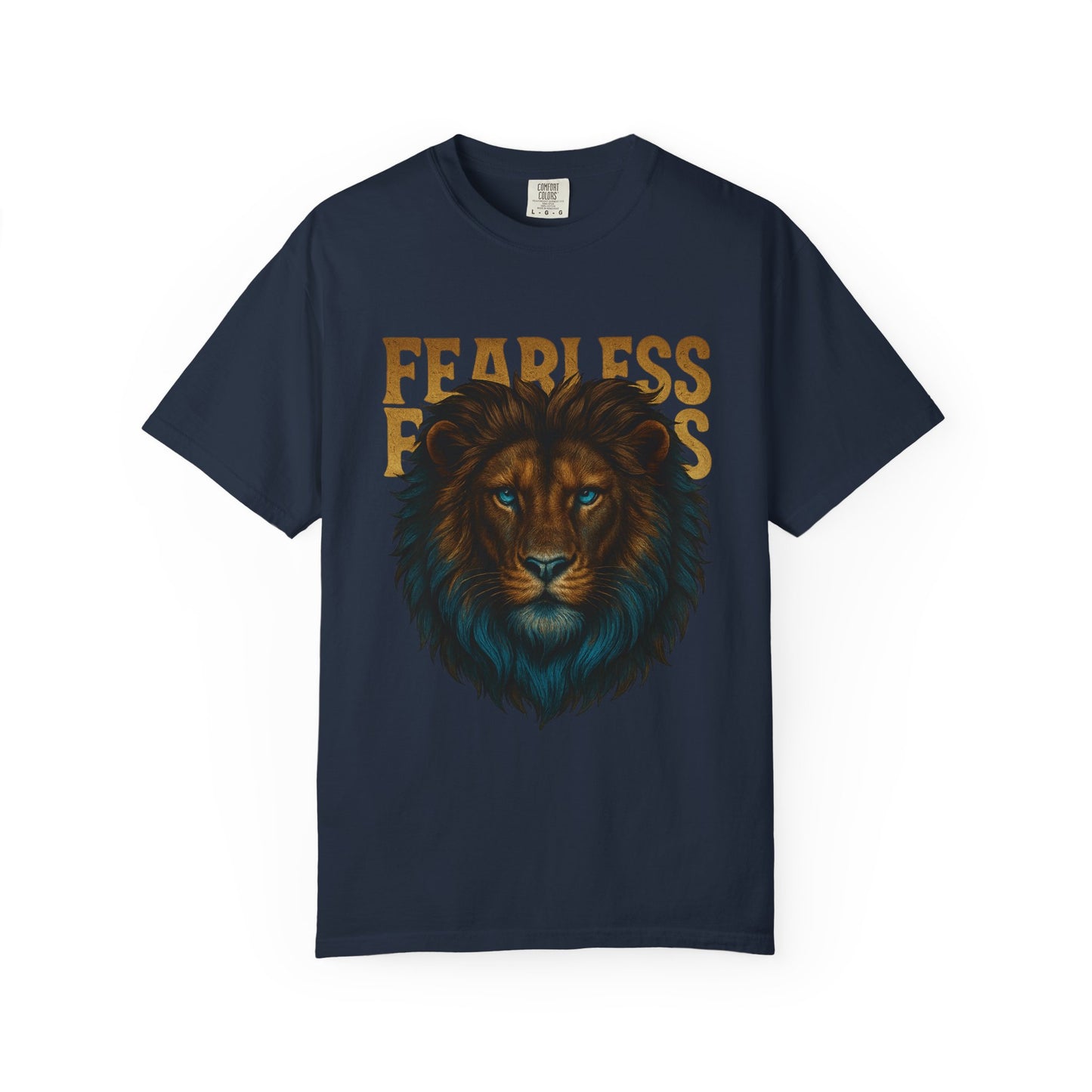 Mashafrica navy T shirt with detailed lion face graphic and fearless text in gold vintage style