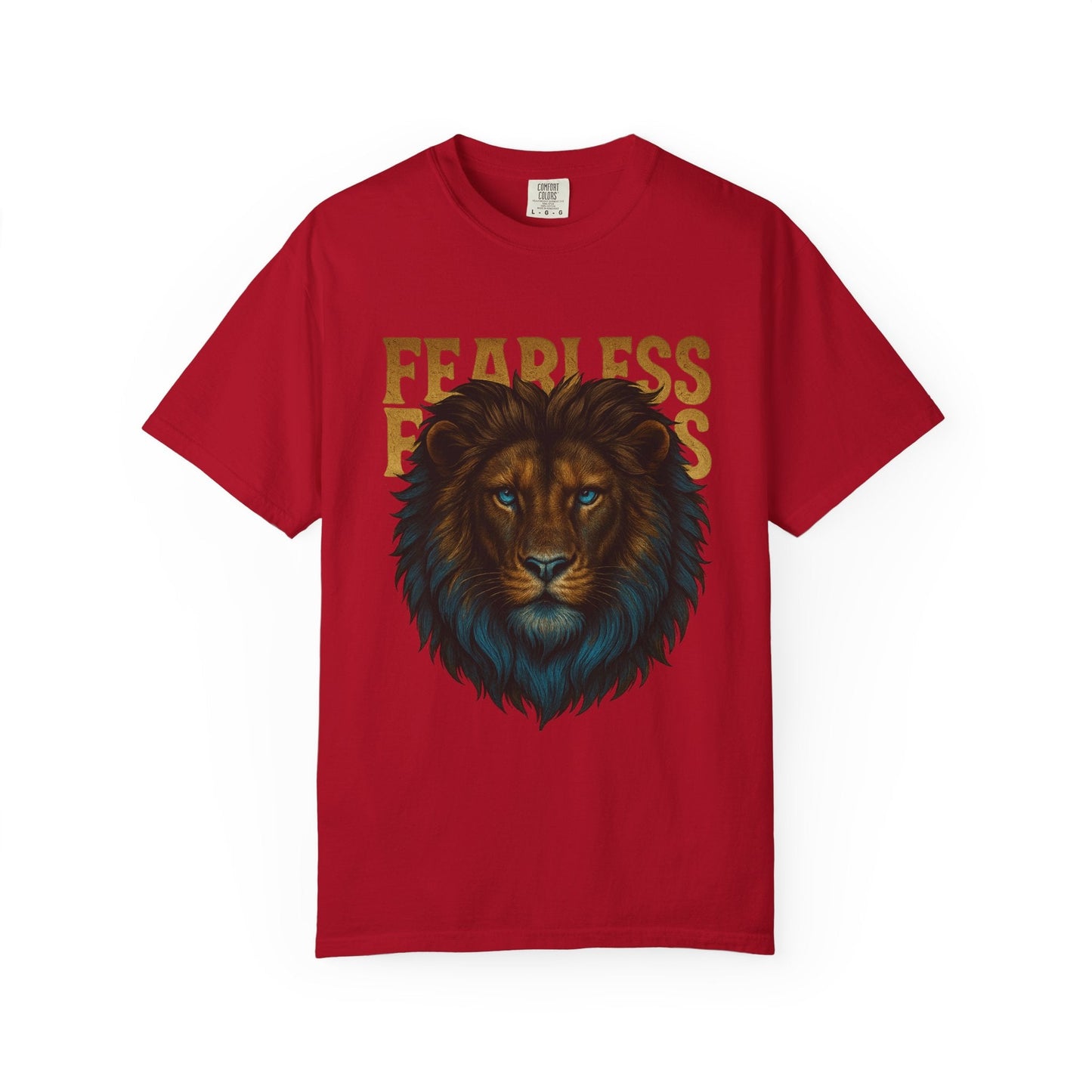 Mashafrica red graphic T shirt with realistic lion head and bold fearless text for casual wear