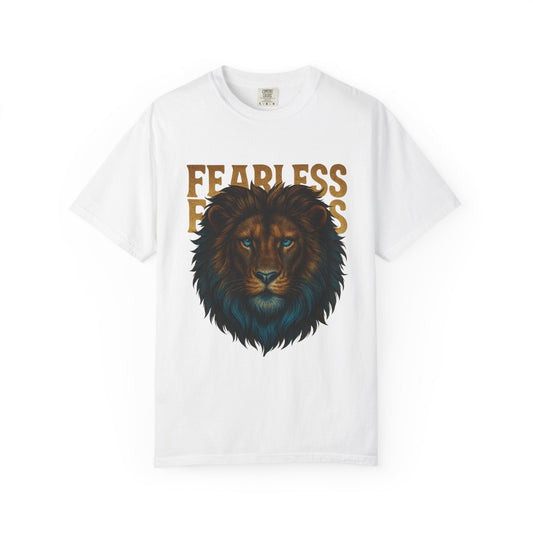 Mashafrica white T shirt with large lion head graphic and bold fearless text across chest
