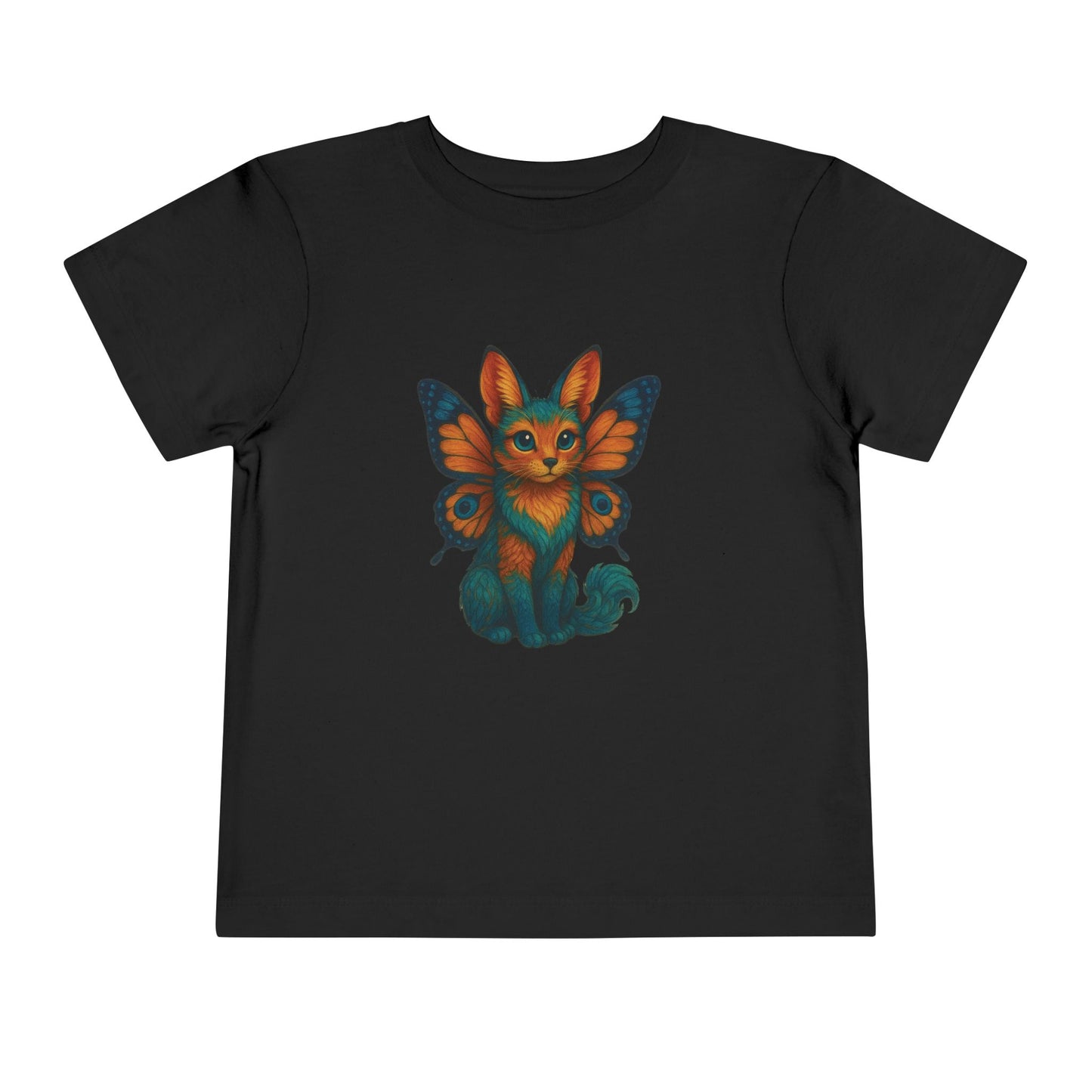 Mashafrica toddler black cotton t shirt with colorful fox butterfly illustration centered on front