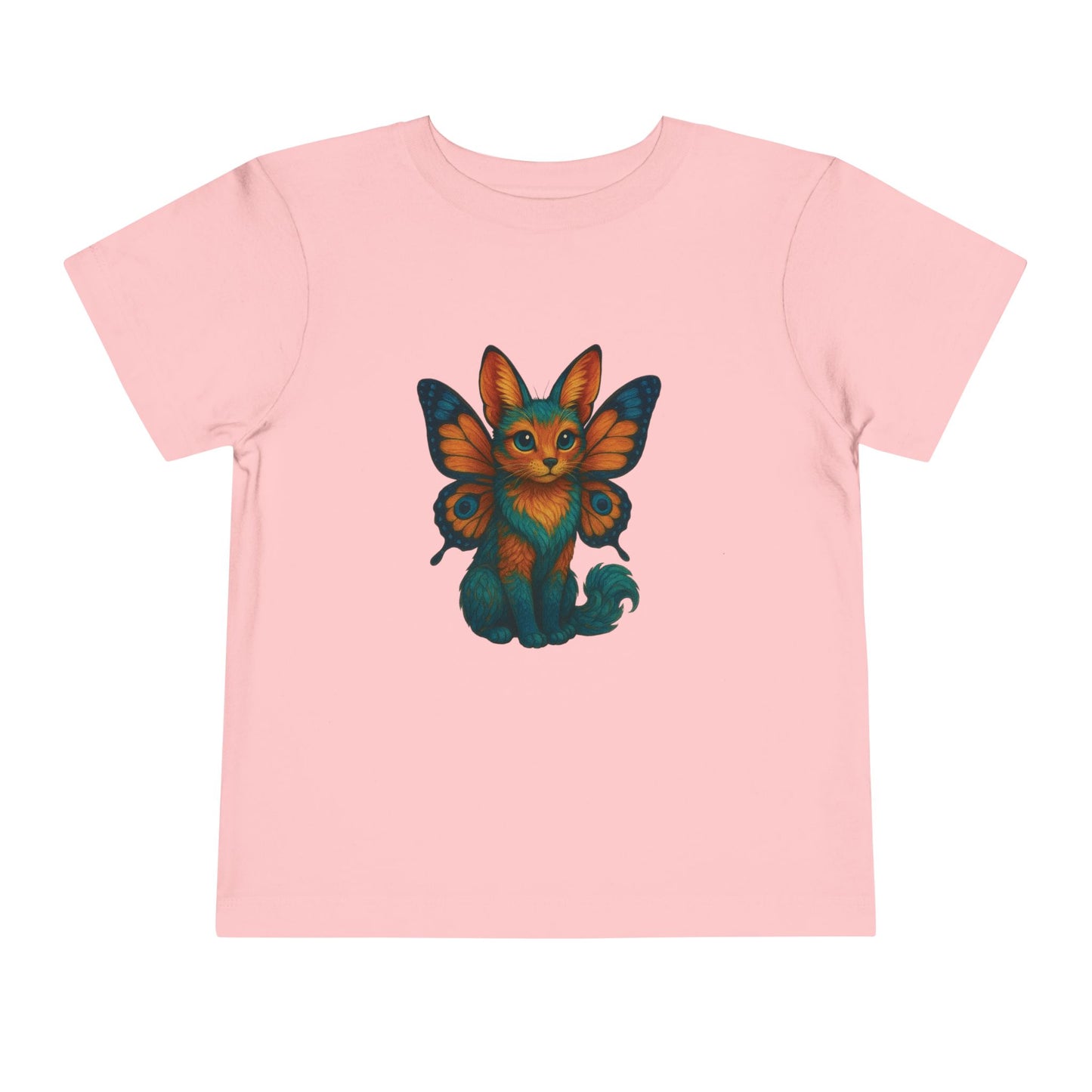 Mashafrica toddler pink short sleeve tee with whimsical orange fox cat and teal butterfly wings graphic