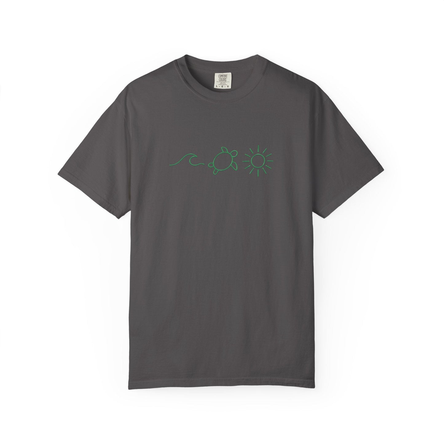Mashafrica charcoal T Shirt with minimalist green line art turtle waves and sun across chest