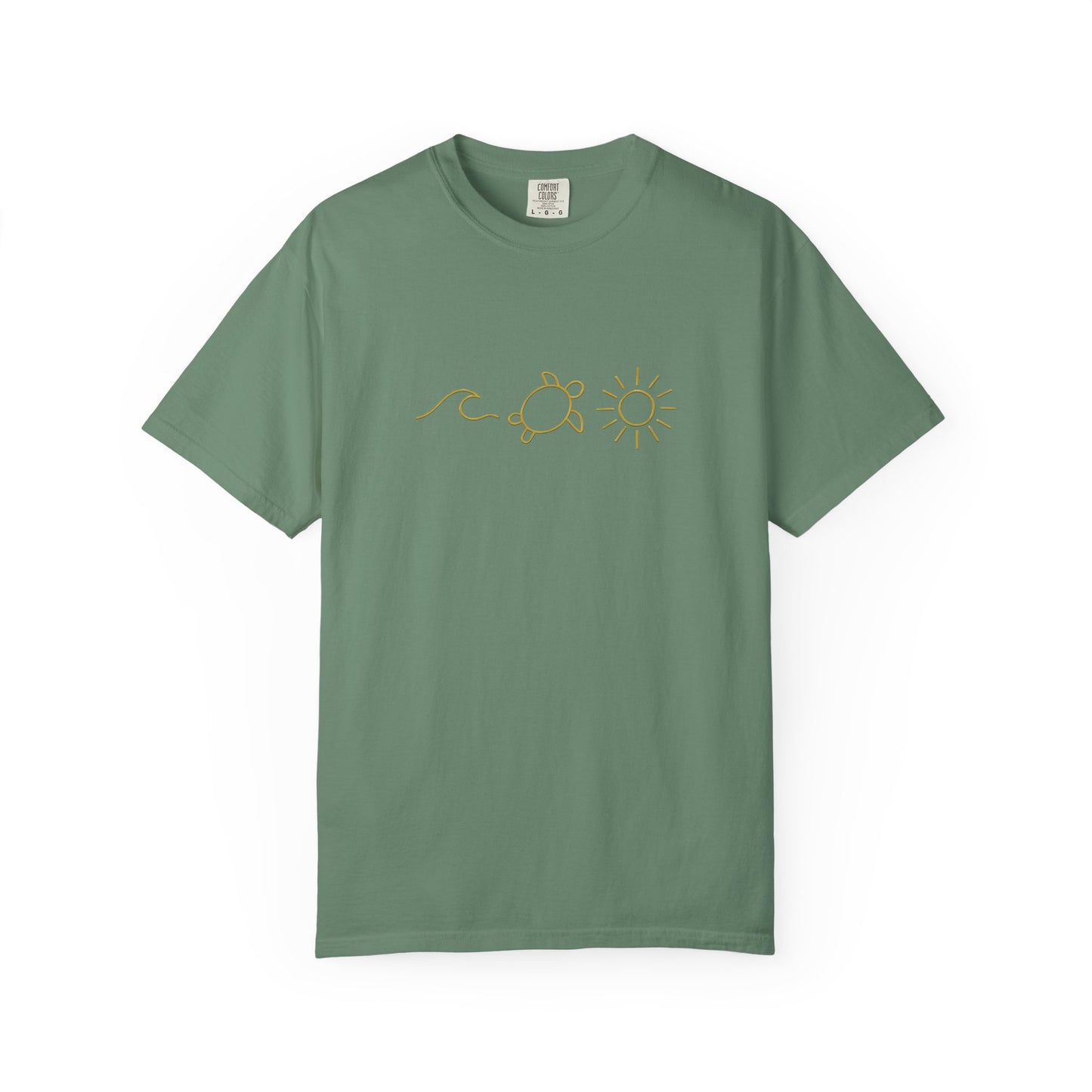 Mashafrica green casual t shirt with minimalist gold line art wave turtle and sun graphic center chest