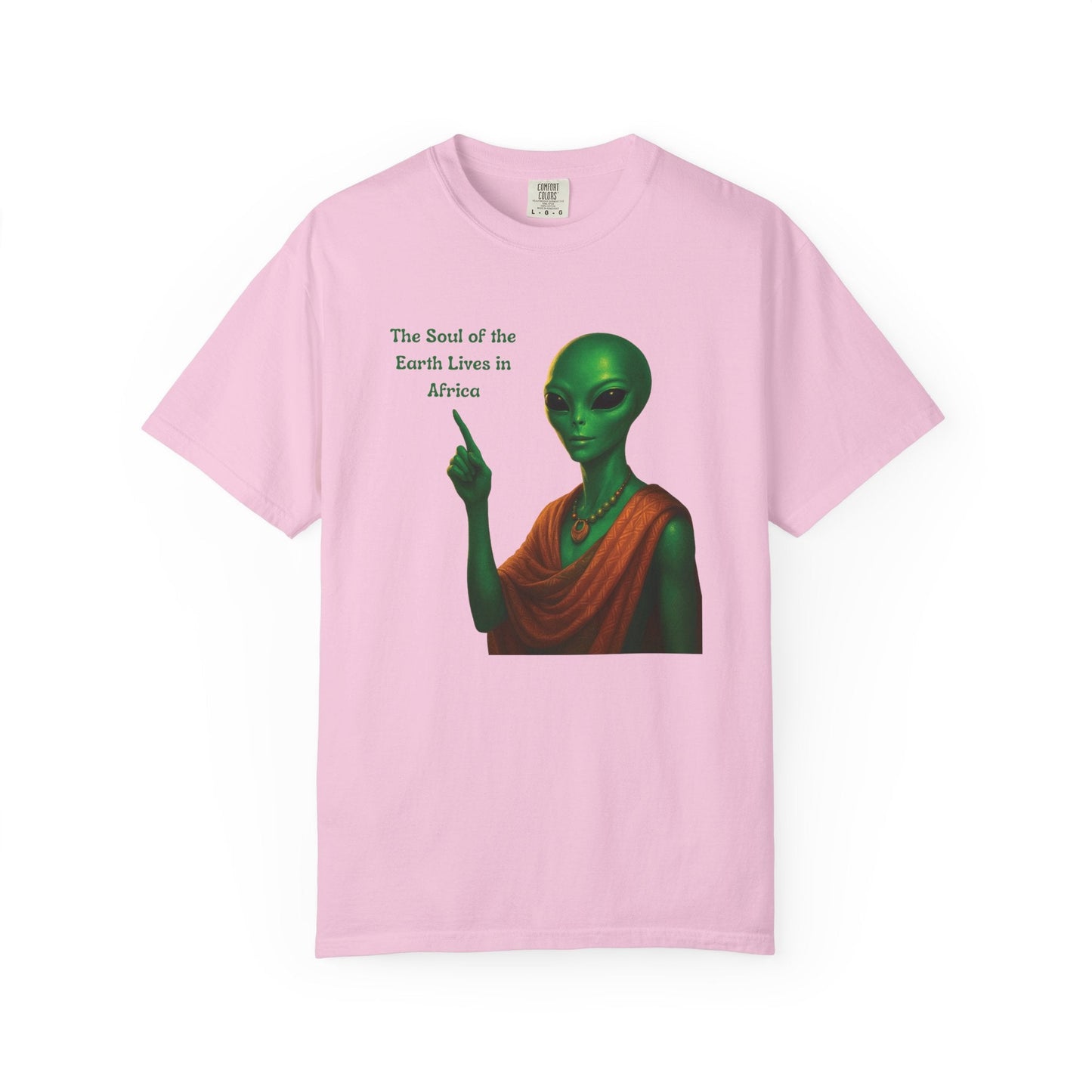 Mashafrica pink T shirt with green alien illustration pointing and slogan The Soul of the Earth Lives in africa