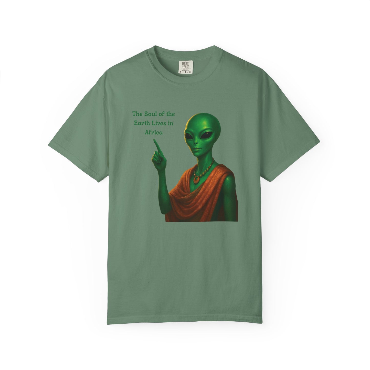 Mint green Mashafrica T shirt with an alien in a red draped robe pointing and the phrase The Soul of the Earth Lives in africa