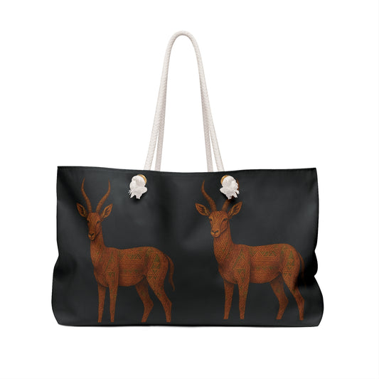 Black duffle bag with brown deer design and white rope handles by Printify