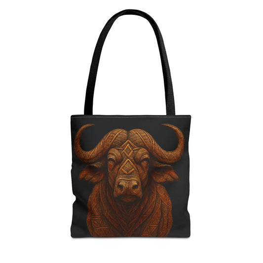 Mashafrica tote bag black canvas with intricate carved buffalo head design in warm brown tones