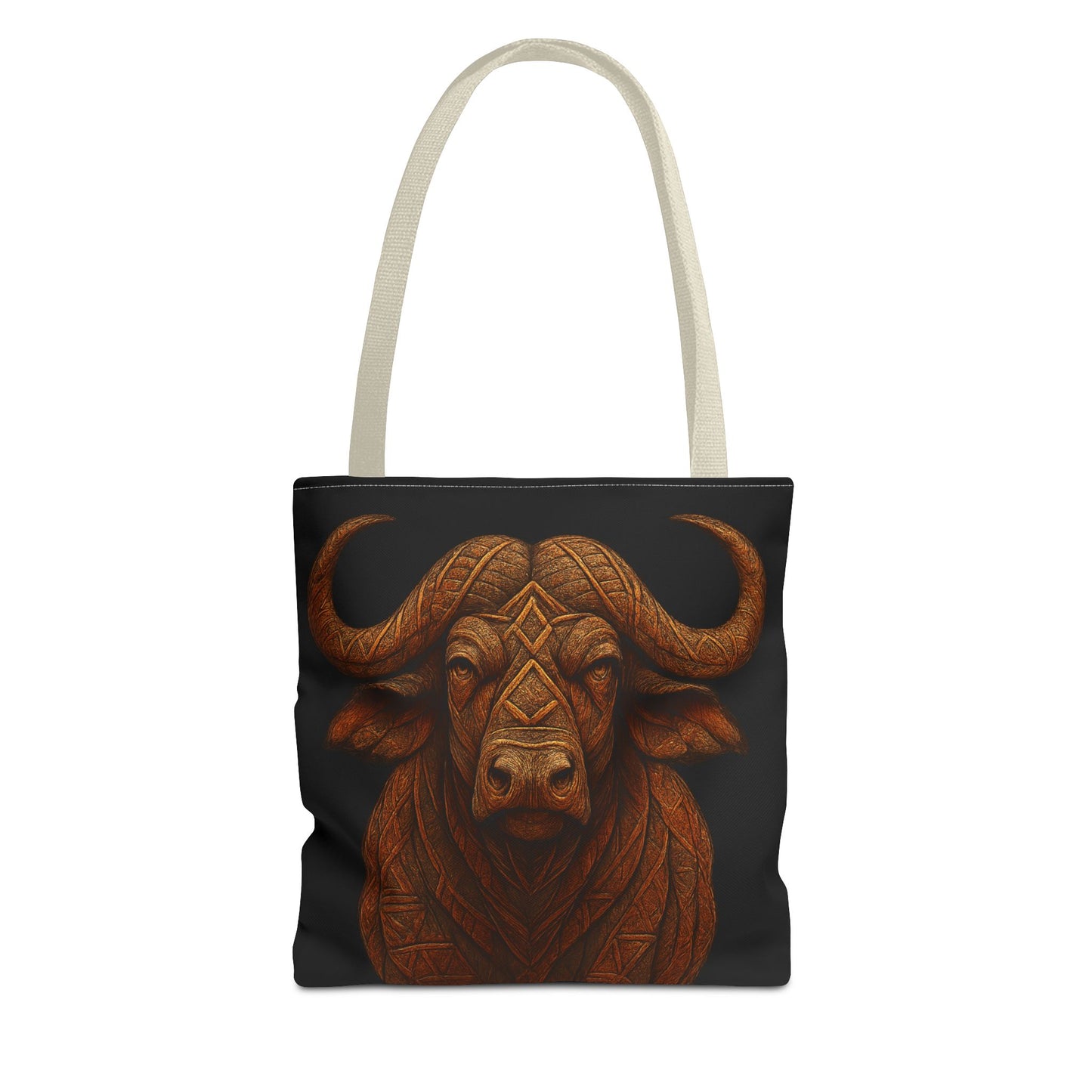 Mashafrica tote bag with carved wooden style buffalo head print on black canvas and beige straps