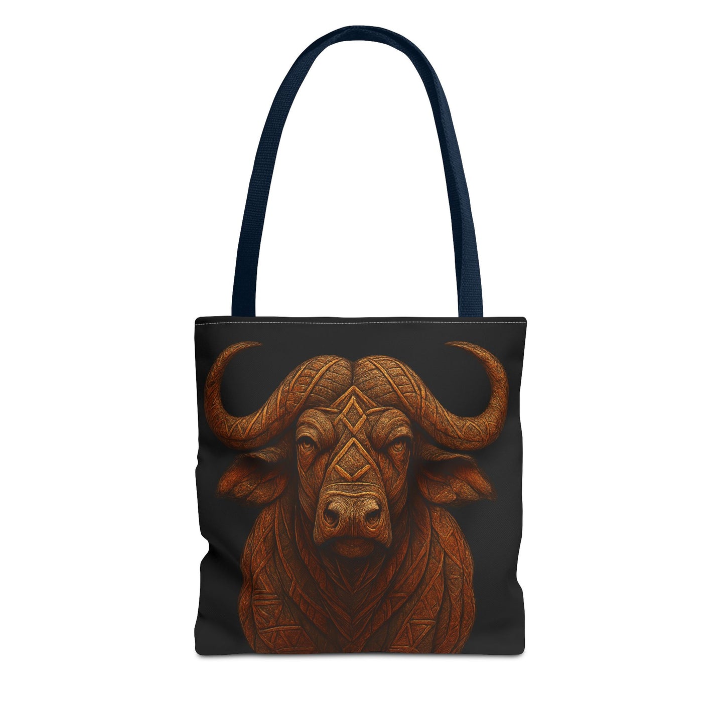 Mashafrica tote bag with carved wooden style buffalo head print on black canvas and long straps