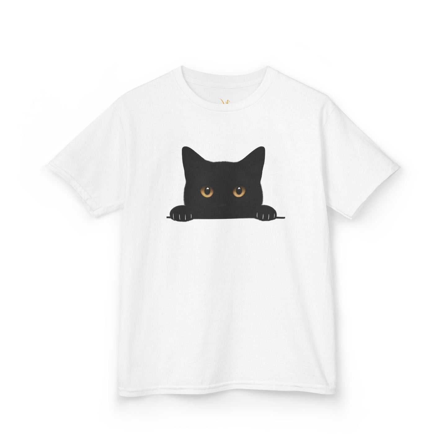 Mashafrica kids white T shirt with peeky cat graphic peeking over edge with amber eyes playful design
