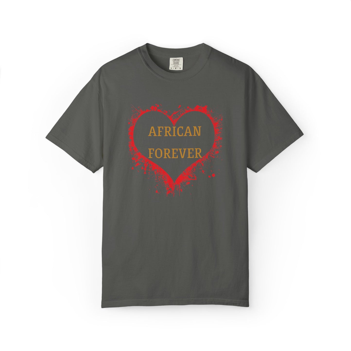 Mashafrica dark gray t shirt with red heart and gold AFRICAN FOREVER print casual african pride tee
