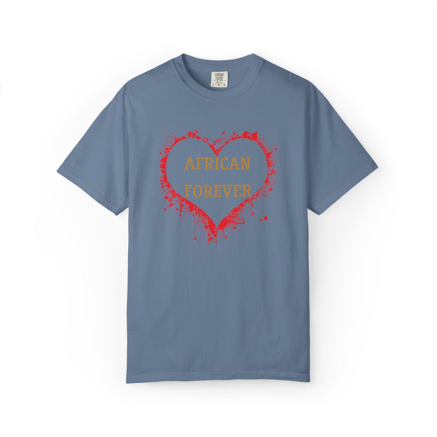 Mashafrica blue cotton t shirt with red splatter heart graphic and african forever gold text