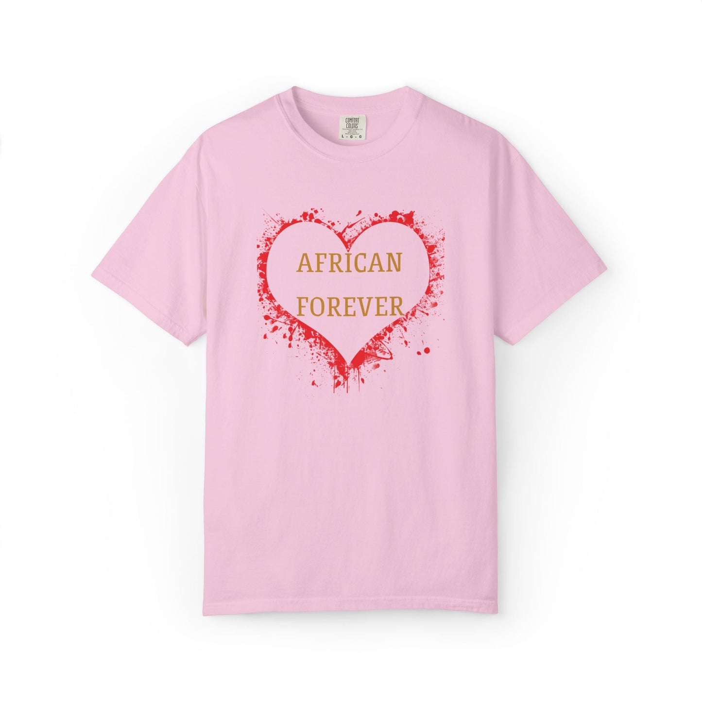 Pink Mashafrica T shirt with red splatter heart and AFRICAN FOREVER print showing african pride