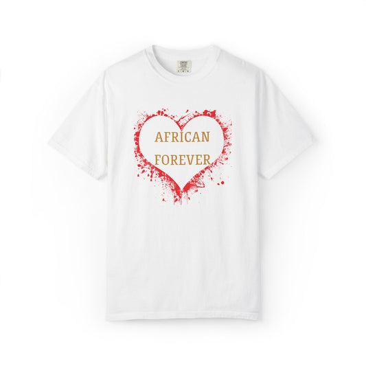 Mashafrica white cotton T shirt with red splatter heart and gold AFRICAN FOREVER text unisex casual african pride tee