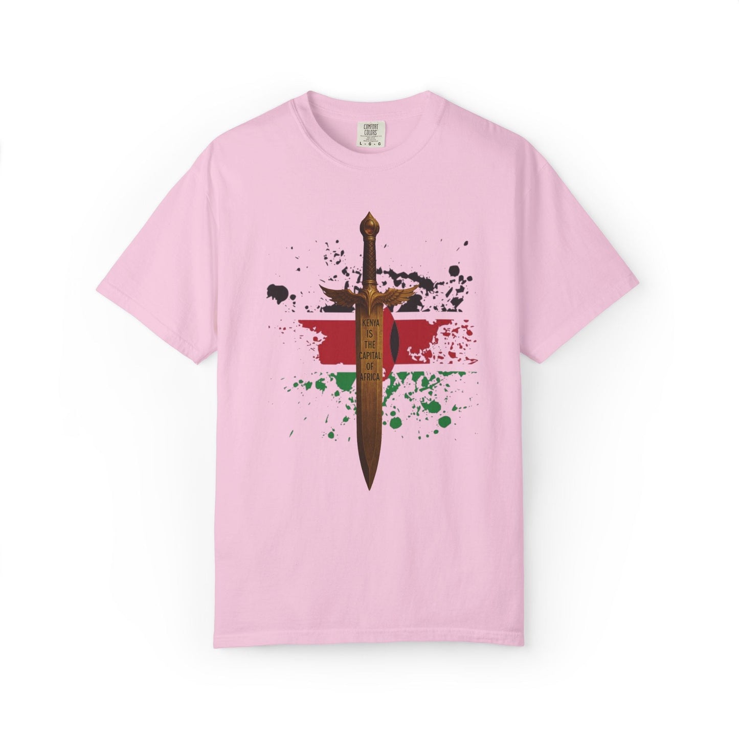 Mashafrica pink T shirt with central brown sword graphic over red black green paint splatter design