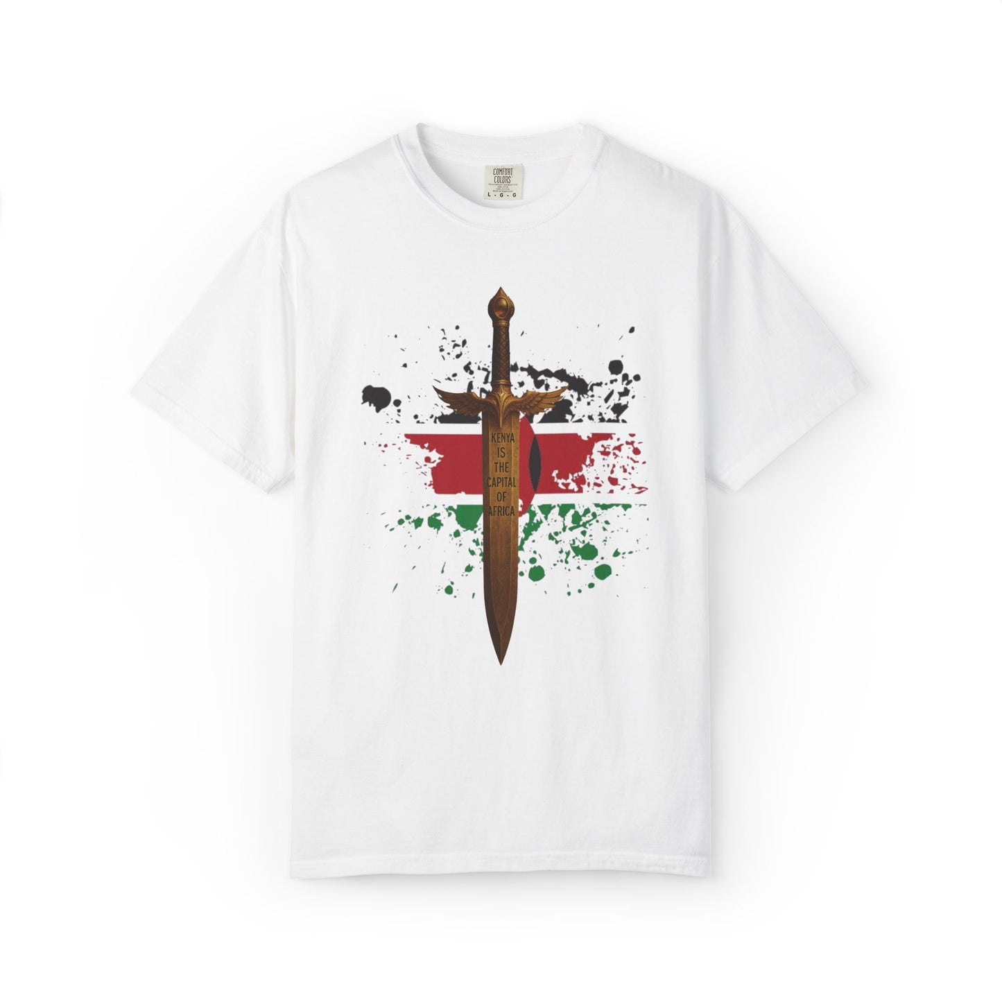 Mashafrica white T shirt featuring a central sword over Kenyan flag stripes with black red and green paint splatter
