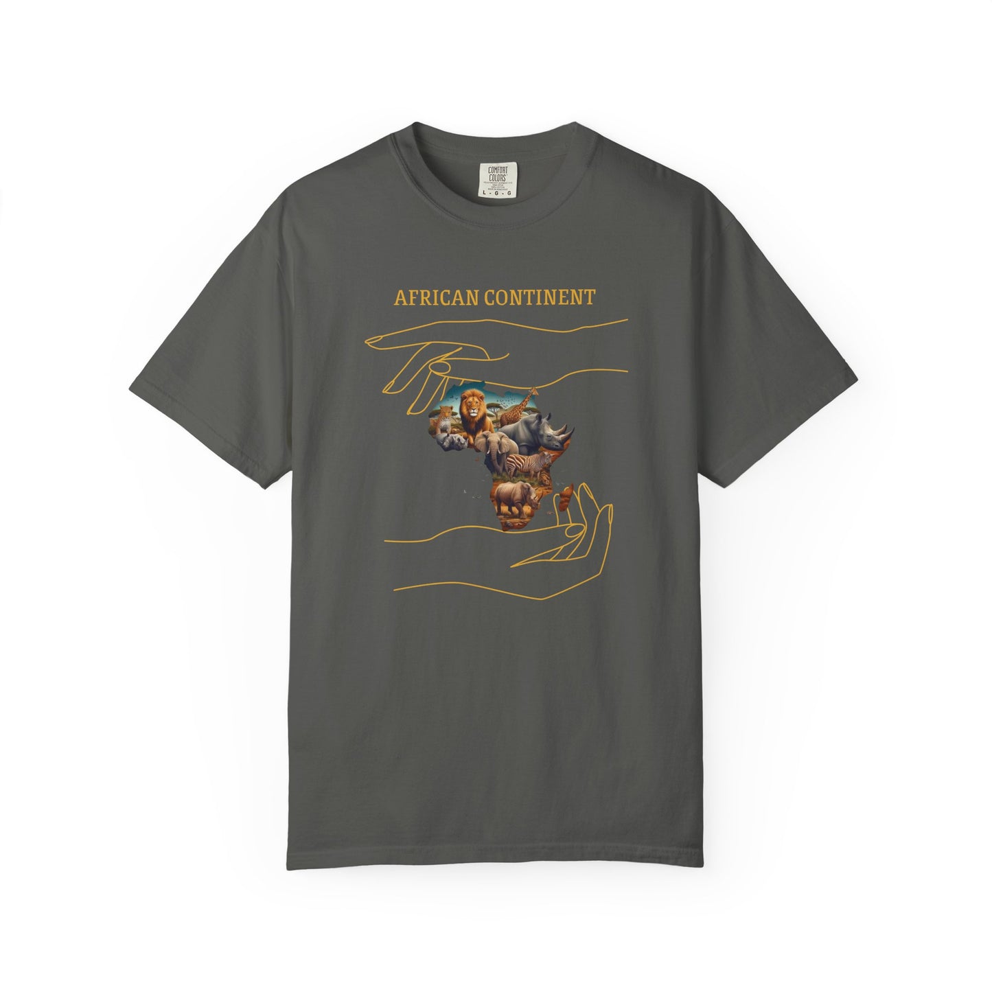 Mashafrica charcoal T shirt with African continent wildlife collage held by outline hands africa graphic print