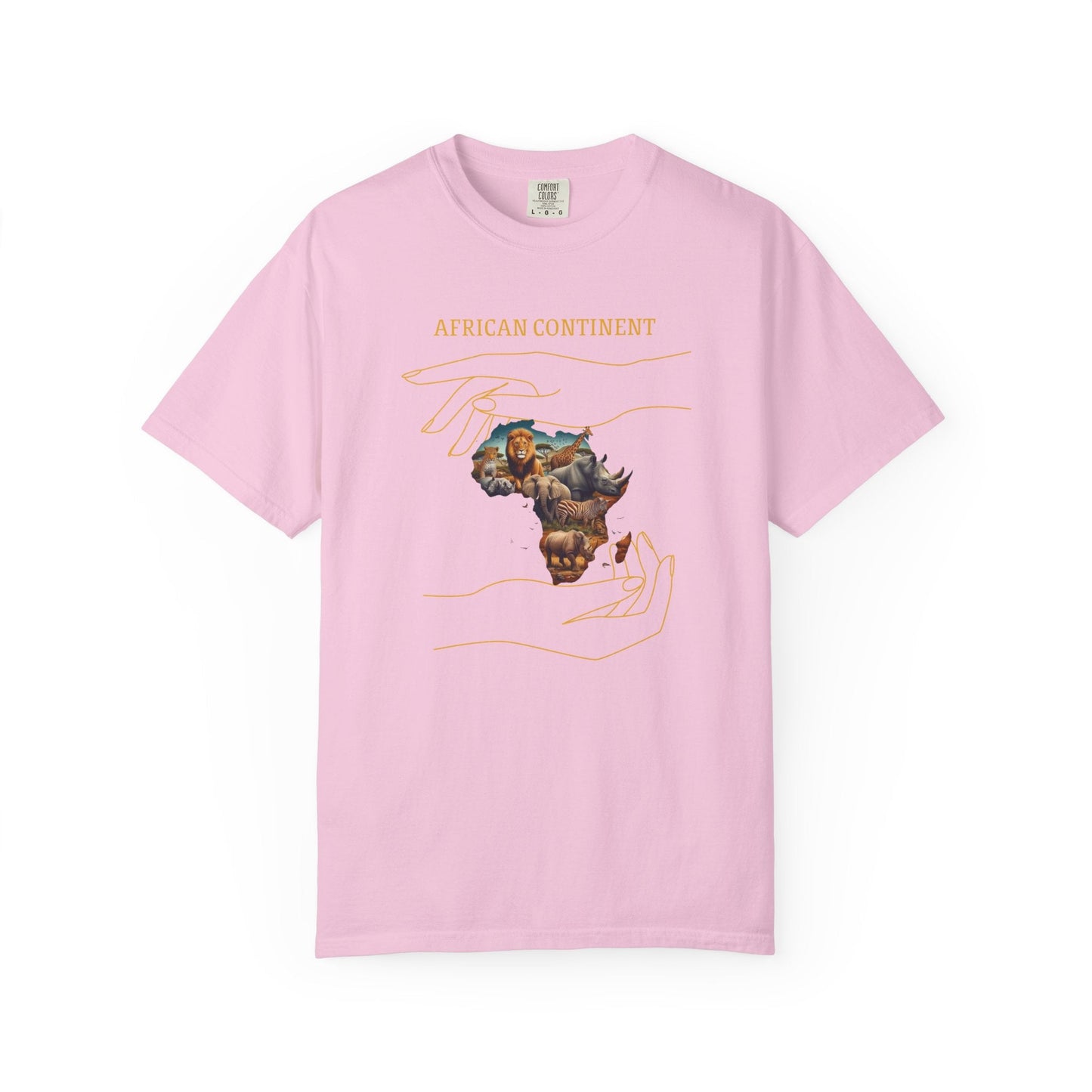 Mashafrica pink T shirt featuring africa map collage with lion elephant rhinoceros and hand outline graphics