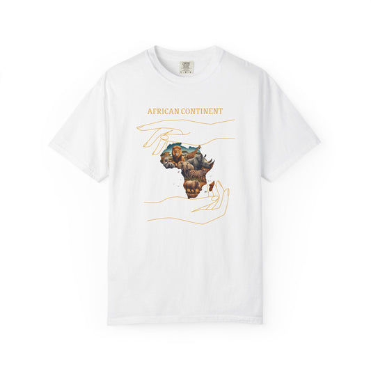 Mashafrica white t shirt featuring africa map made of wildlife illustrations held by line drawn hands