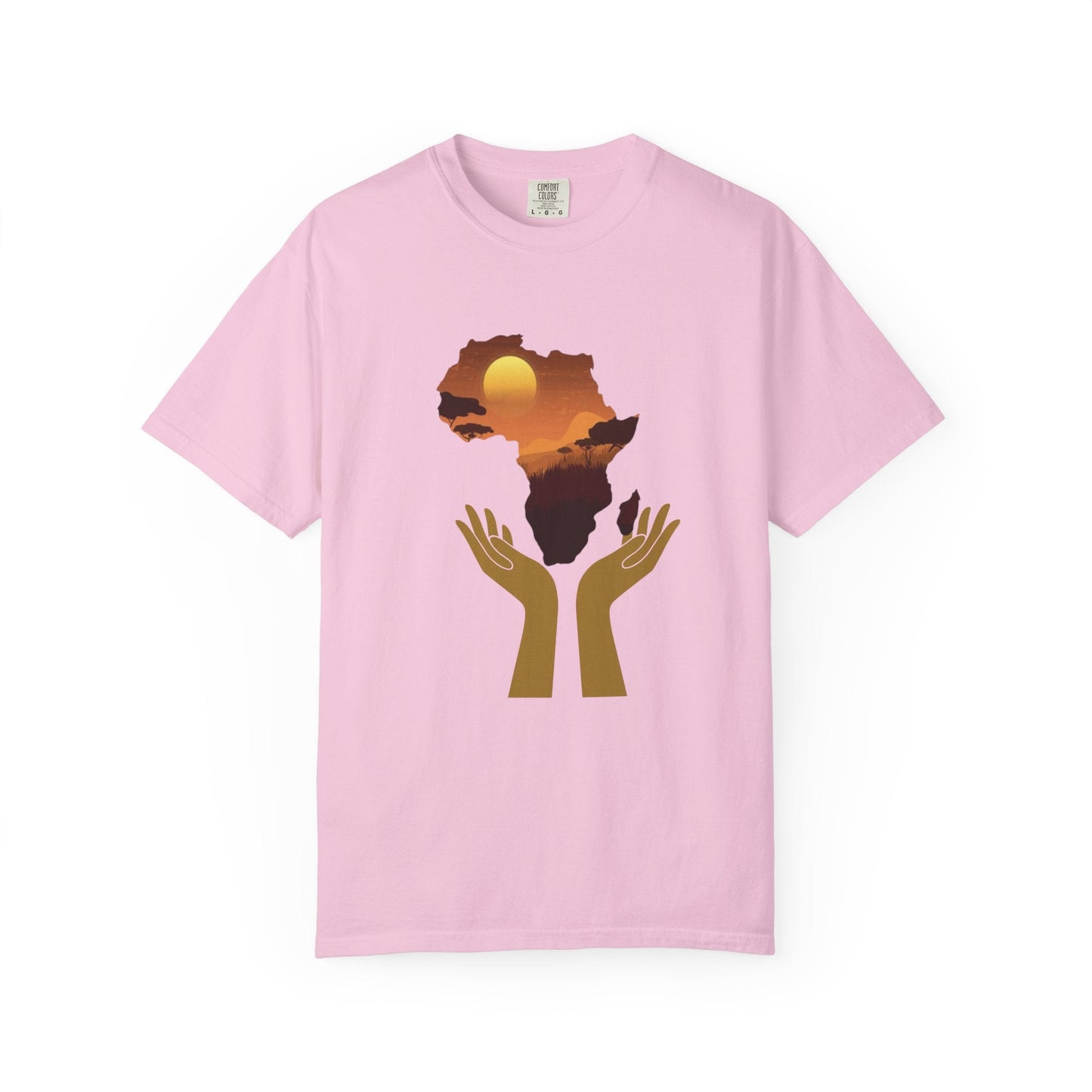 Mashafrica pink t shirt featuring africa silhouette sunset savanna scene held by two raised hands