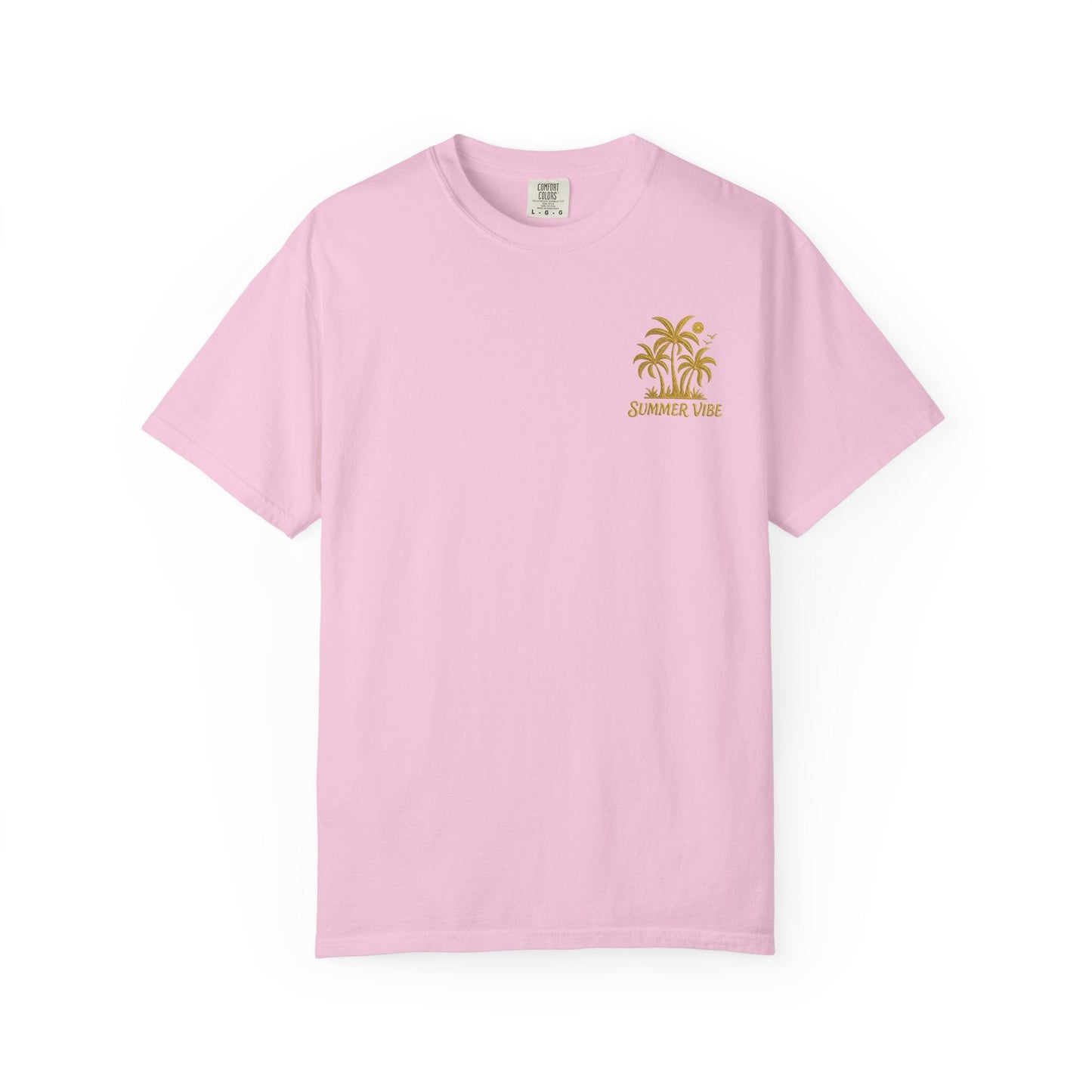 Mashafrica pink T Shirt with small yellow palm tree chest print and summer vibe text for casual wear