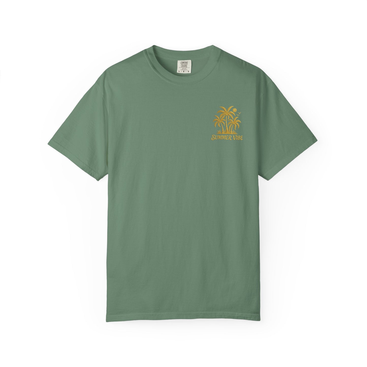 Mashafrica sage green t shirt with small yellow palm graphic and summer vibe text on chest