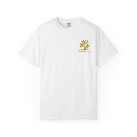 Mashafrica white cotton T shirt with small gold palm tree chest print and summer vibe text for casual wear