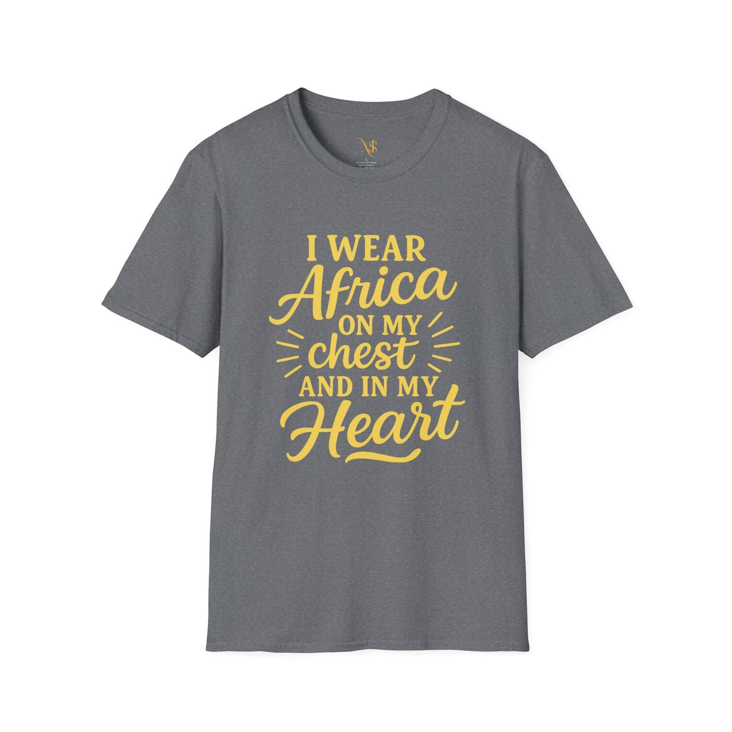Mashafrica gray t shirt with yellow script reading I wear africa on my chest and in my heart