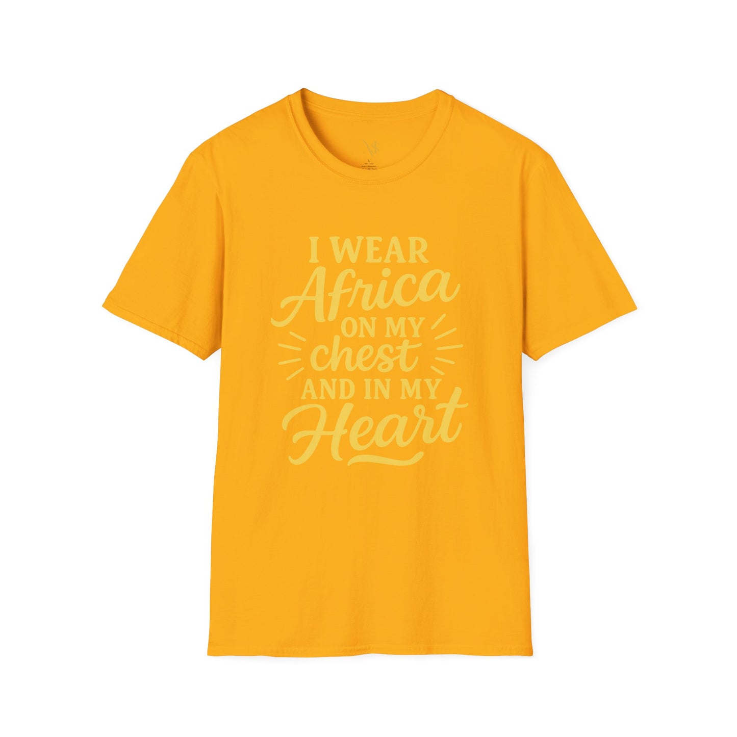 Mashafrica yellow graphic T shirt with I wear africa on my chest and in my heart text