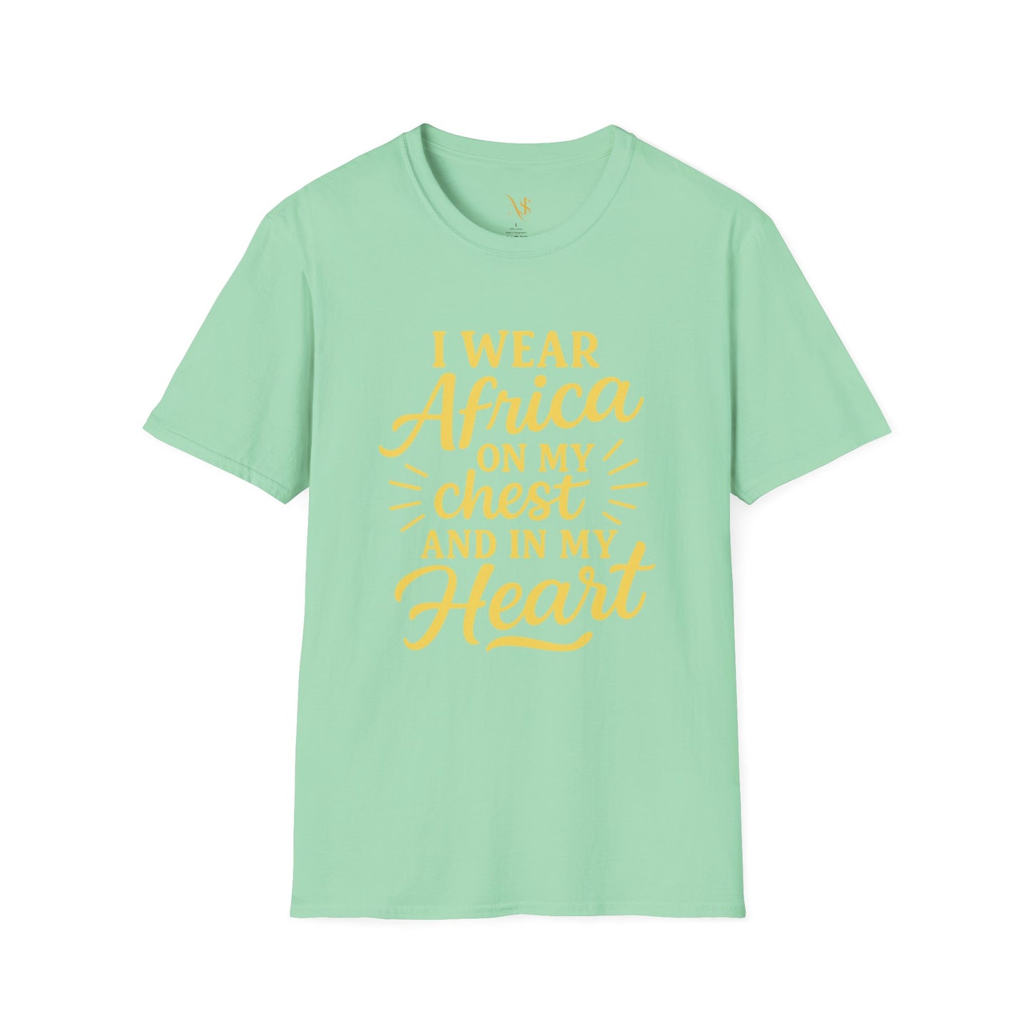 Mashafrica mint green T shirt with yellow script I wear africa on my chest and in my heart design