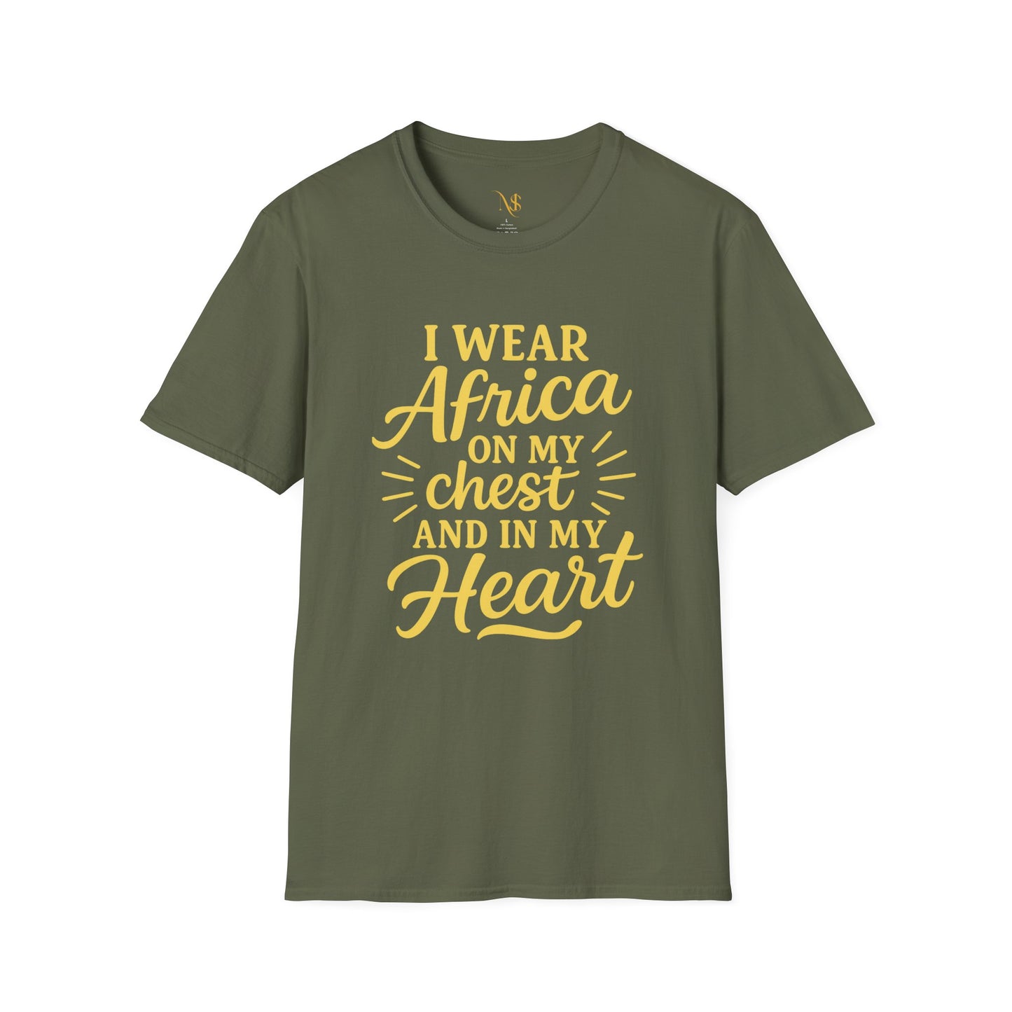 Mashafrica olive green T shirt with yellow script reading I wear africa on my chest and in my heart