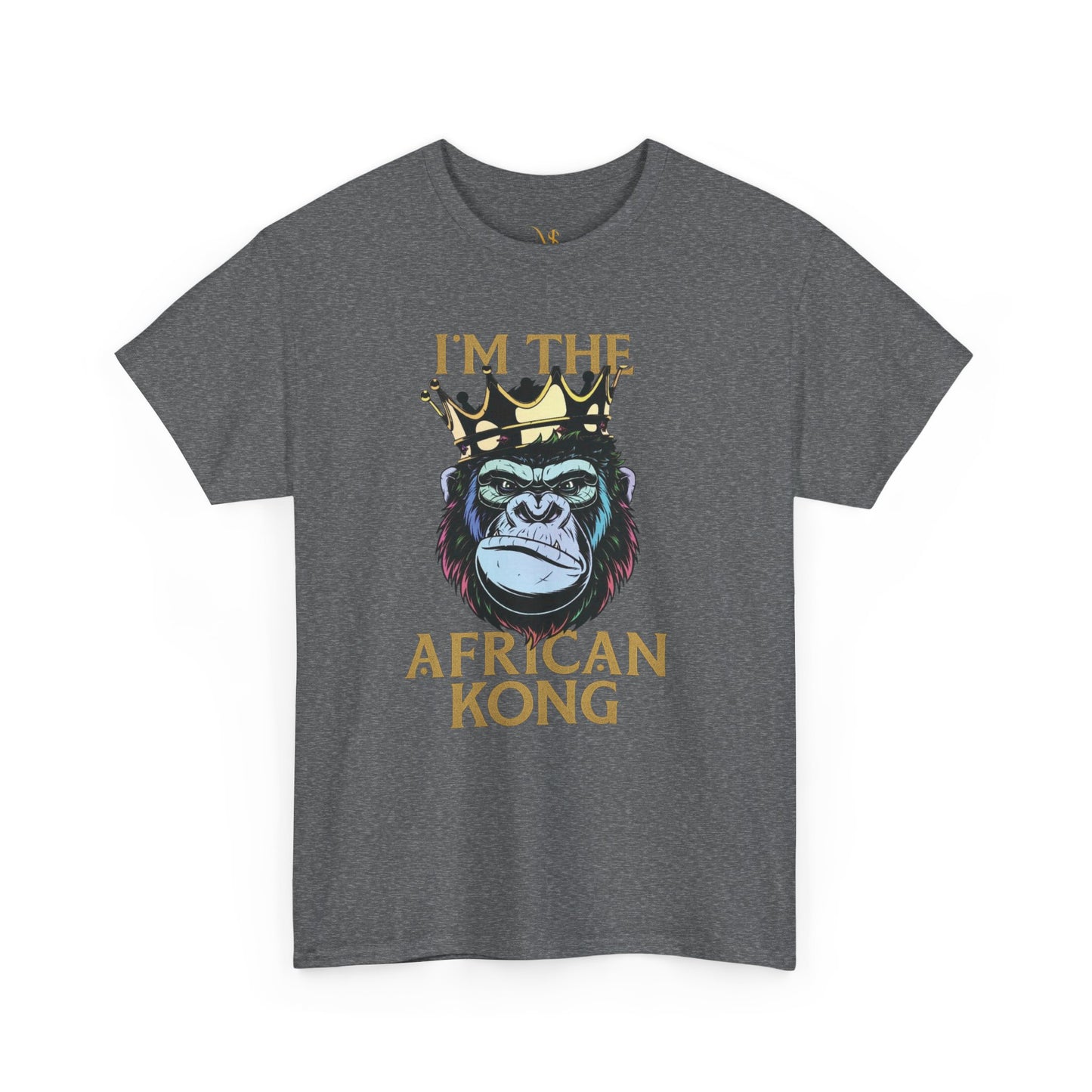Gray Mashafrica T shirt with crowned gorilla graphic and Im the African Kong text celebrating africa heritage