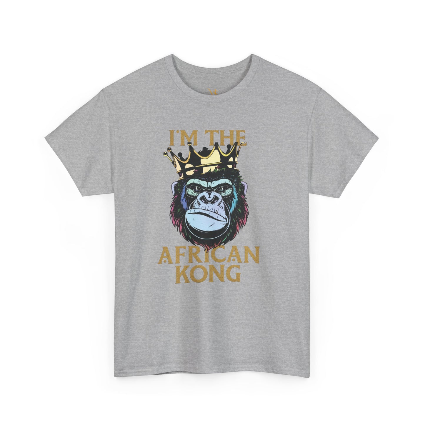 Mashafrica gray T shirt featuring a crowned gorilla graphic and bold African Kong print celebrating africa pride