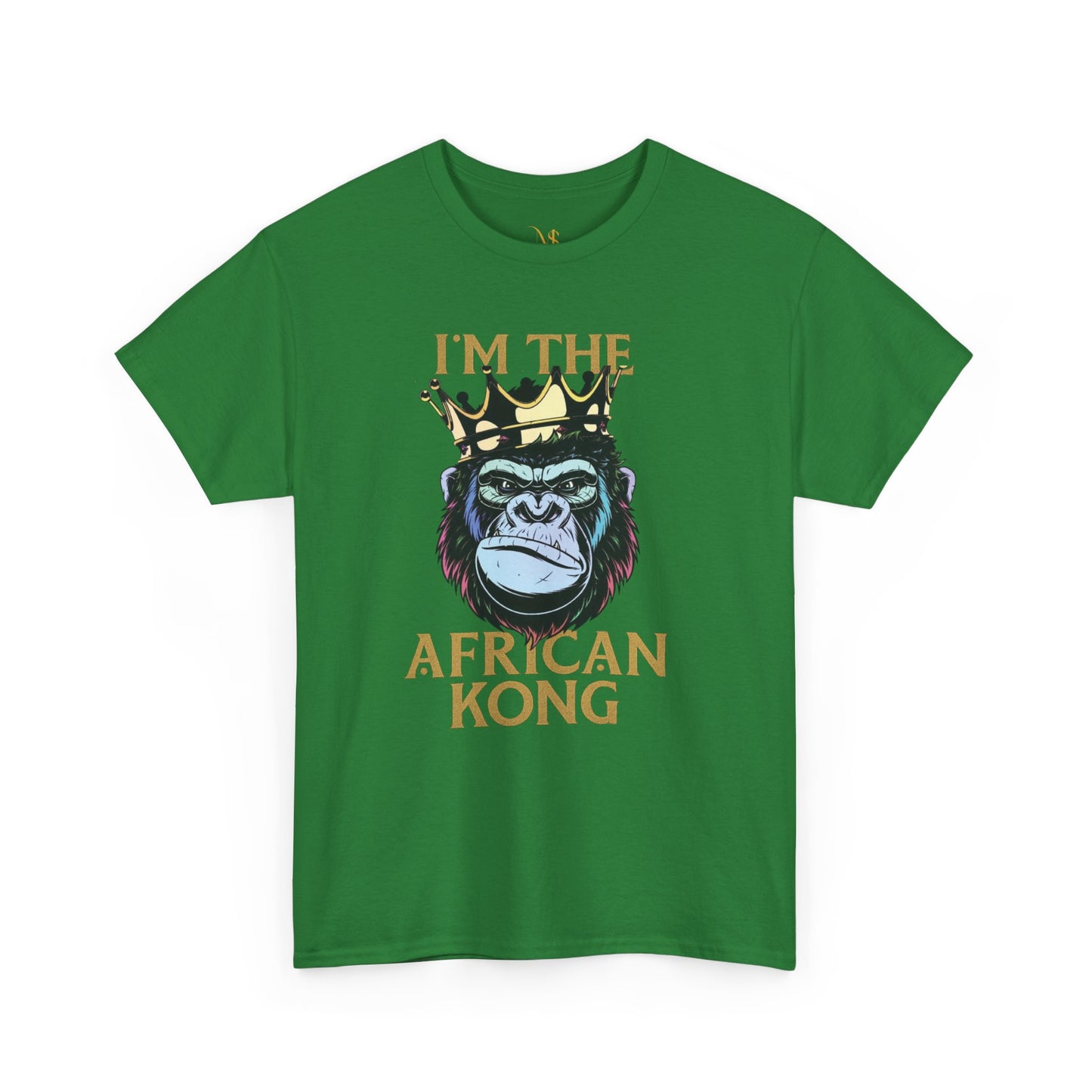 Mashafrica green T shirt with crowned gorilla graphic and text Im the African Kong highlighting africa pride
