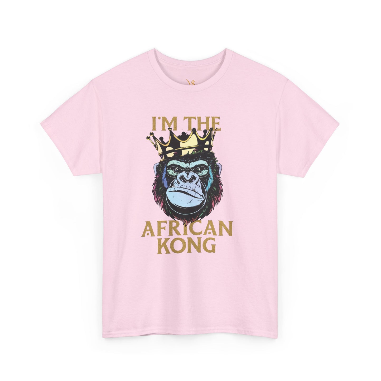 Mashafrica pink Tshirt with crowned gorilla graphic and text Im the African Kong highlighting africa heritage style