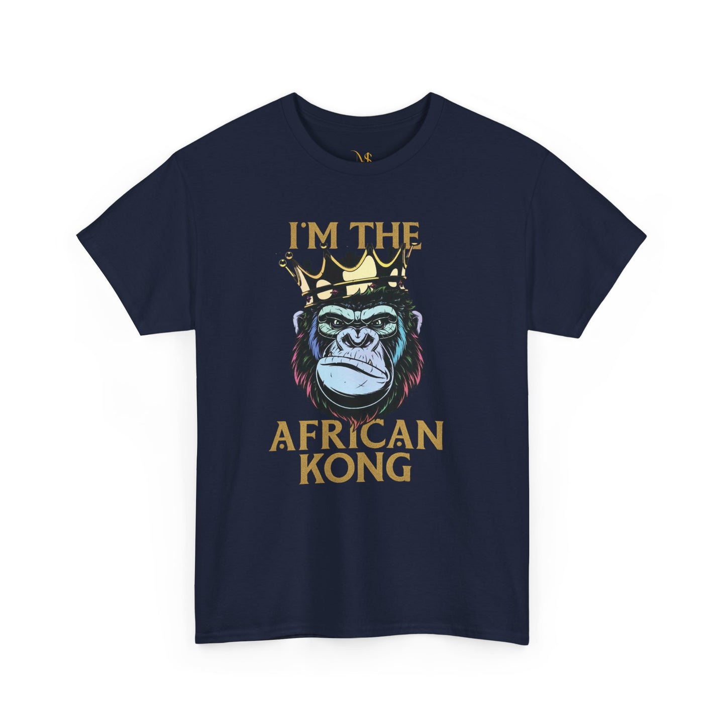 Mashafrica navy t shirt with crowned gorilla face and Im The African Kong print africa themed casual tee