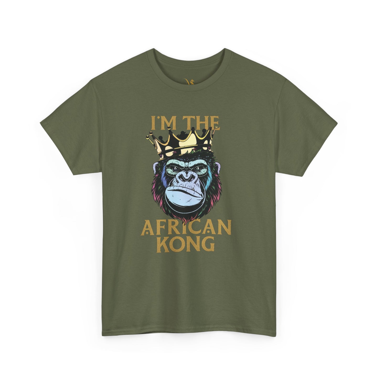 Mashafrica olive green t shirt with crowned gorilla graphic and africa wordmark reading African Kong