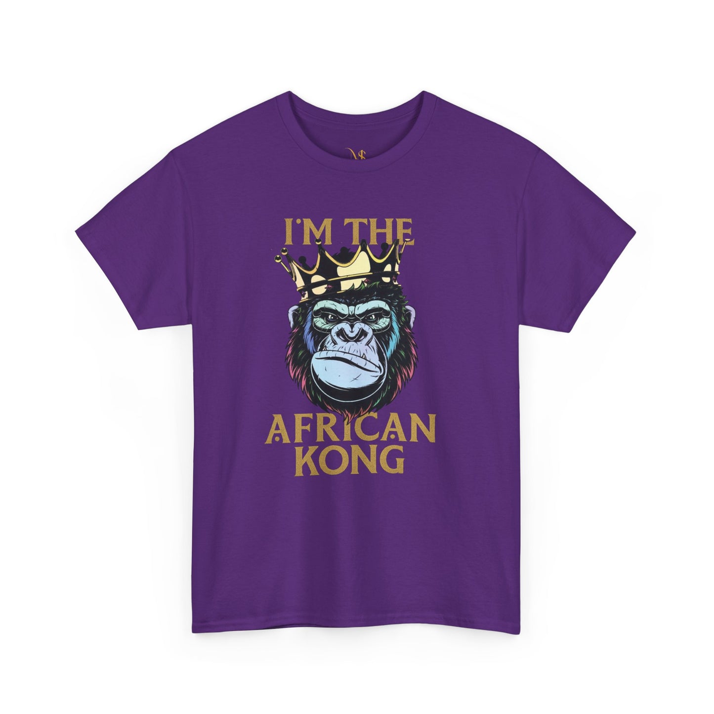 Mashafrica purple T shirt with crowned gorilla graphic and Im the African Kong text celebrating africa pride