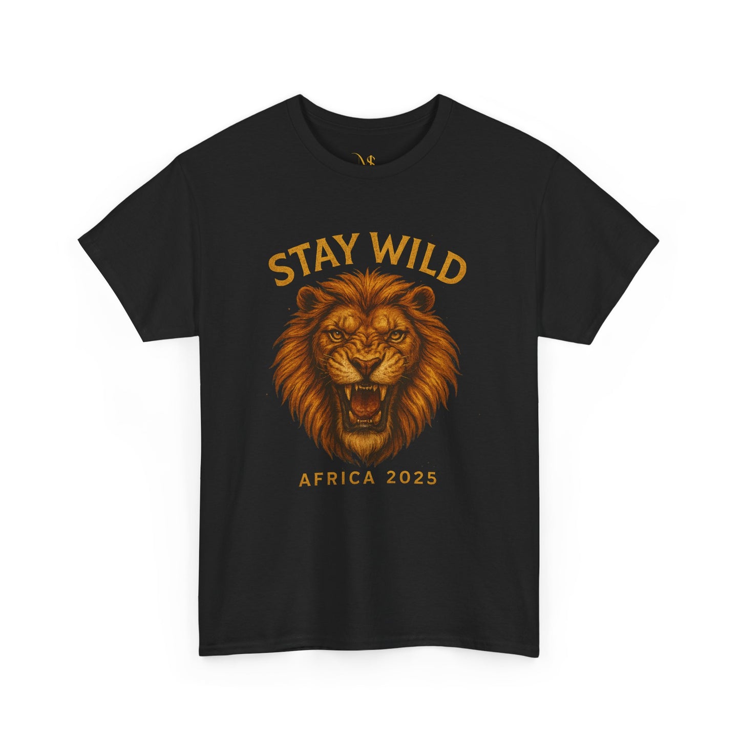 Black Mashafrica-style T-shirt with a roaring lion graphic and Stay Wild Africa 2025 text