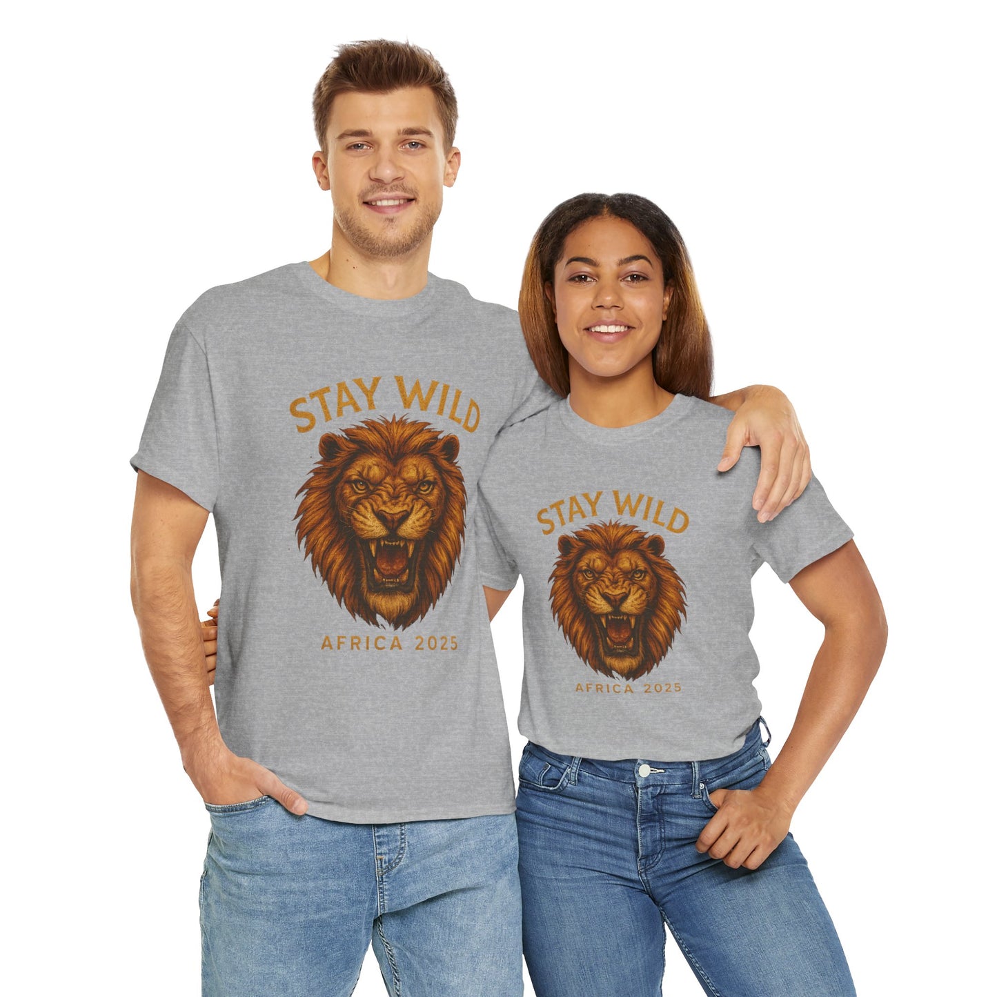 Mashafrica-style gray T-Shirts with lion graphic and Stay Wild Africa 2025 text worn by man and woman