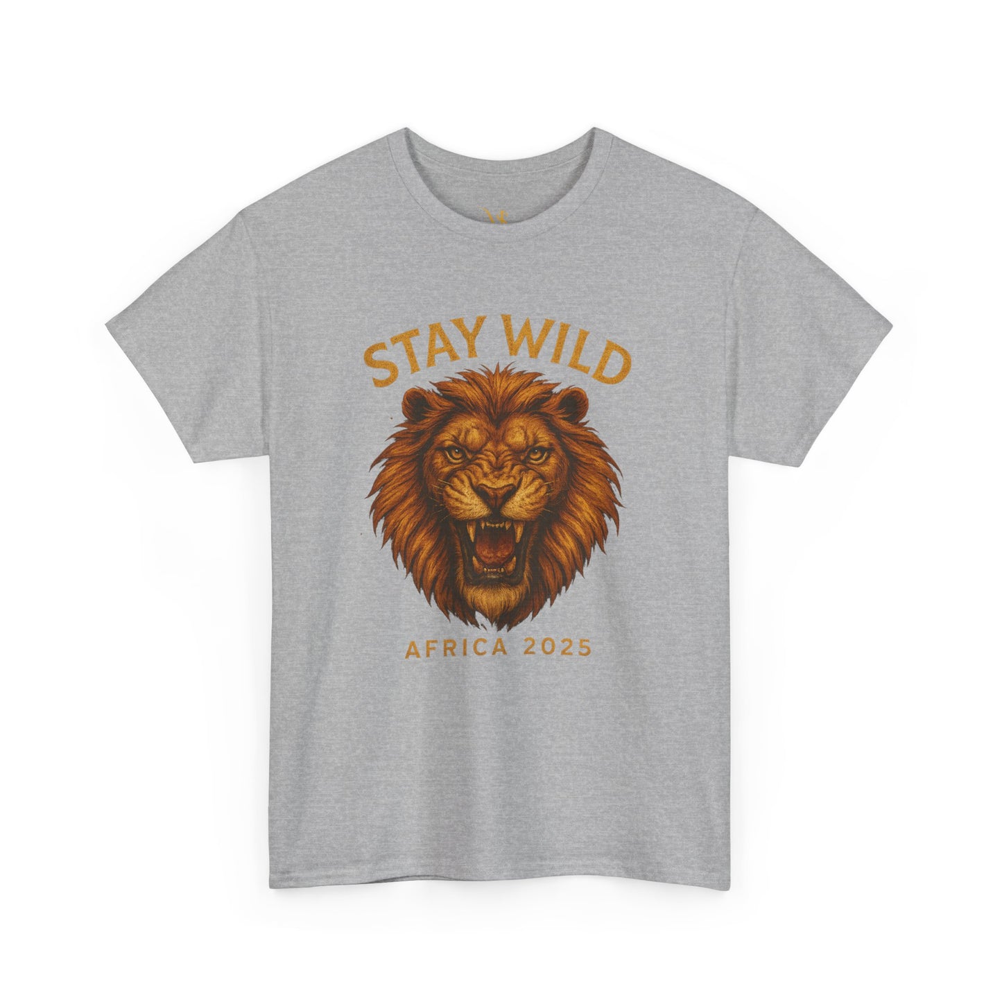 Gray Mashafrica-style T-shirt featuring a roaring lion graphic with Stay Wild Africa 2025 text