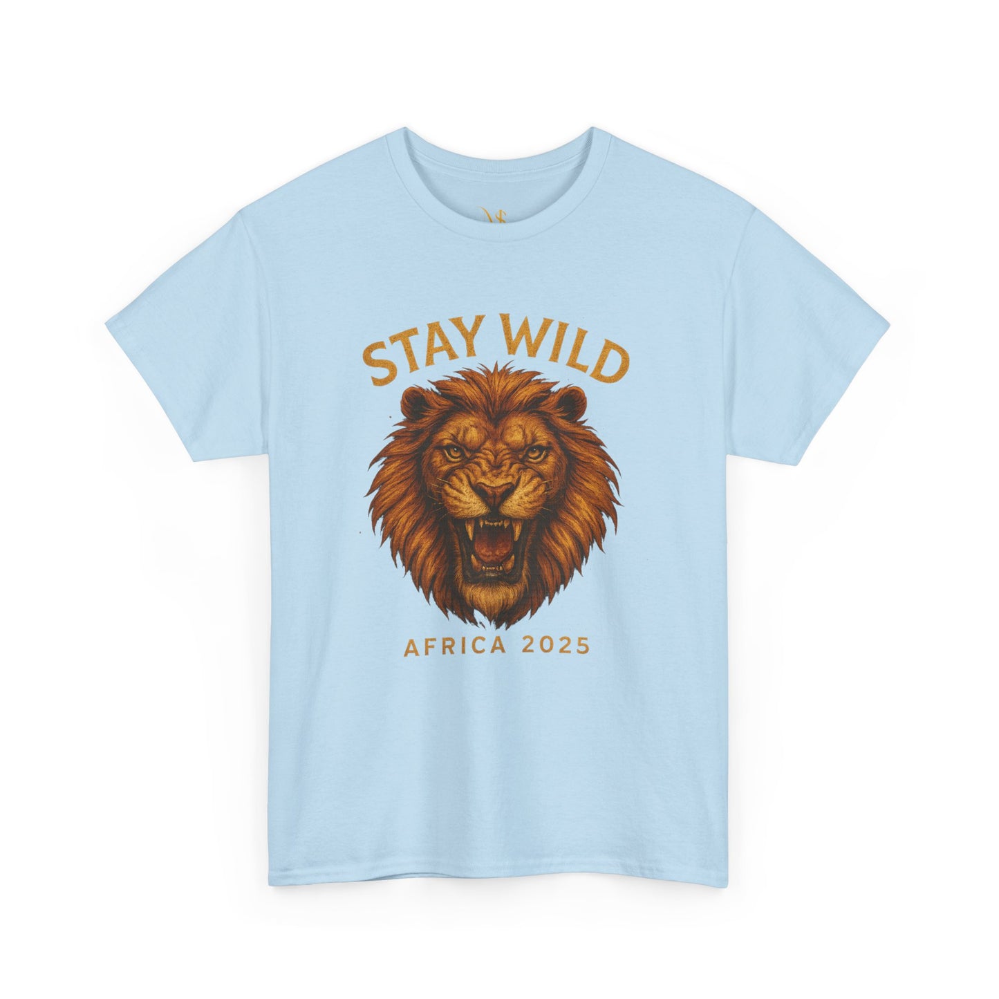 Light blue Mashafrica-style T-shirt with fierce lion face and Stay Wild Africa 2025 text